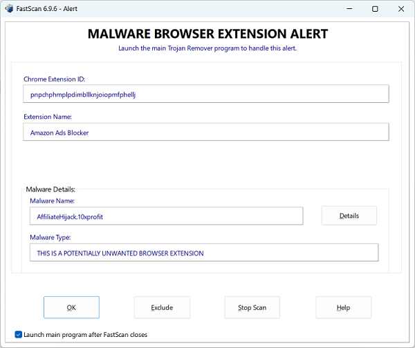 Malware Browser Extension Alert screen